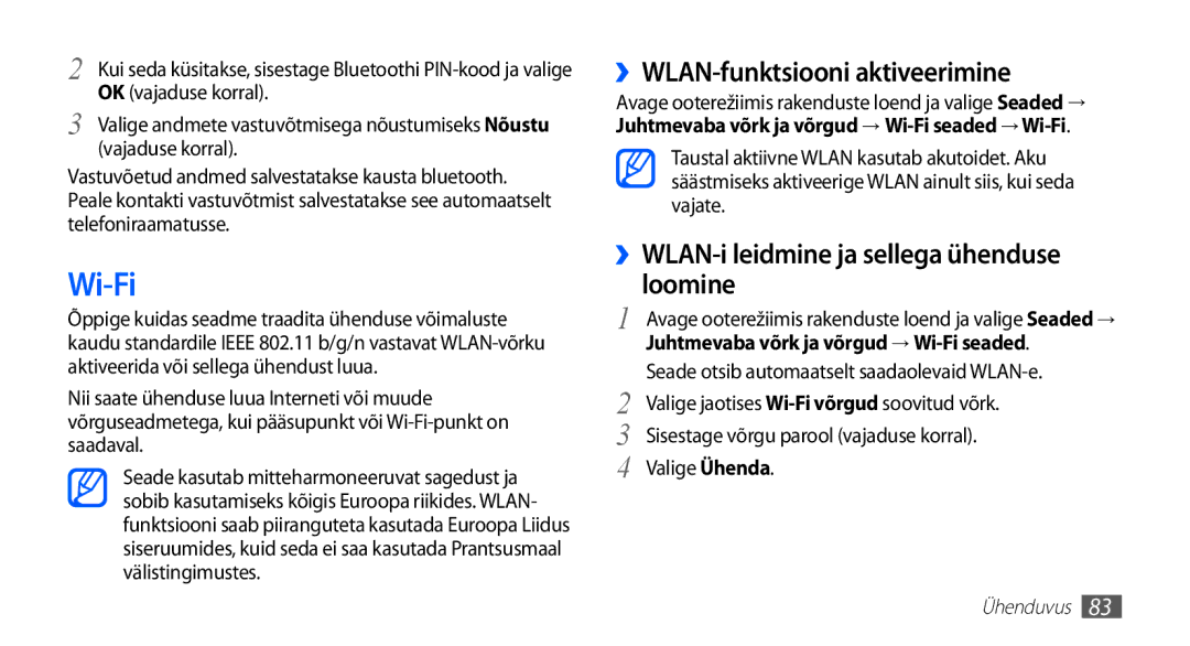 Samsung GT-S5830RWASEB manual Wi-Fi, ››WLAN-funktsiooni aktiveerimine, ››WLAN-i leidmine ja sellega ühenduse loomine 