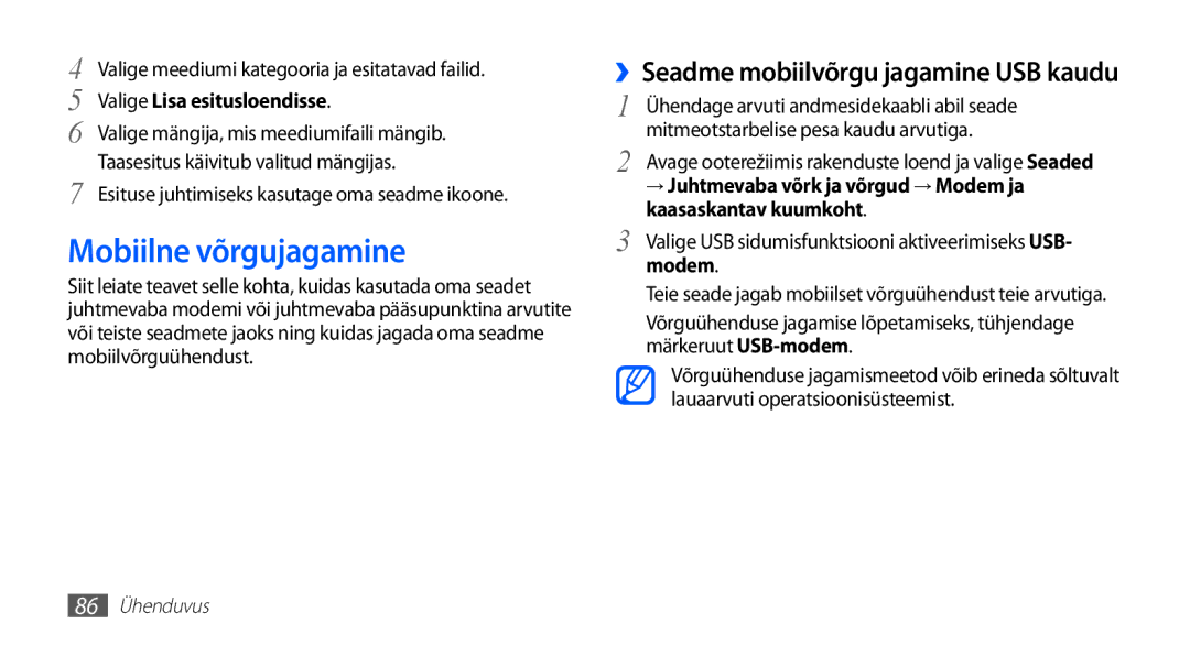 Samsung GT-S5830RWASEB, GT-S5830OKASEB manual Mobiilne võrgujagamine, ››Seadme mobiilvõrgu jagamine USB kaudu, Modem 
