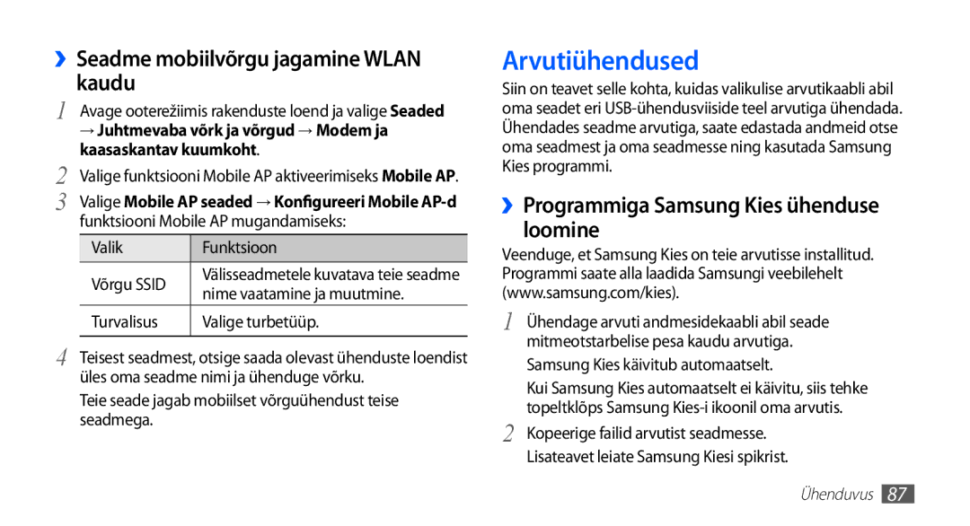 Samsung GT-S5830OKASEB Arvutiühendused, ››Seadme mobiilvõrgu jagamine Wlan kaudu, → Juhtmevaba võrk ja võrgud → Modem ja 