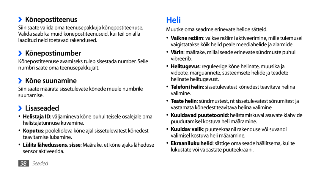 Samsung GT-S5830RWASEB, GT-S5830OKASEB manual Heli, ››Kõnepostiteenus, ››Kõnepostinumber, ››Kõne suunamine, ››Lisaseaded 