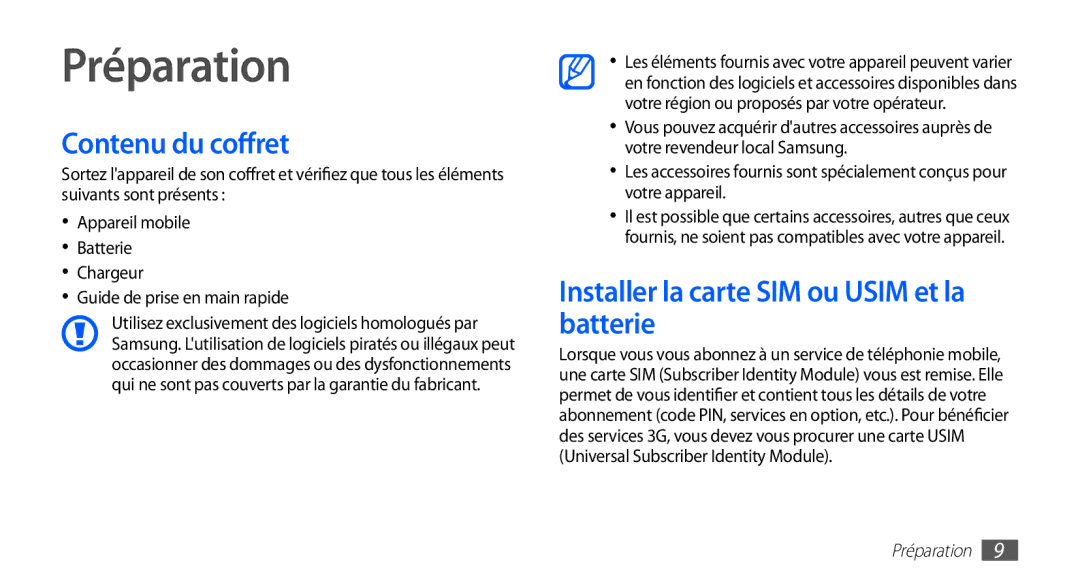 Samsung GT-S5830OKAFRE, GT-S5830RWASFR manual Préparation, Contenu du coffret, Installer la carte SIM ou Usim et la batterie 