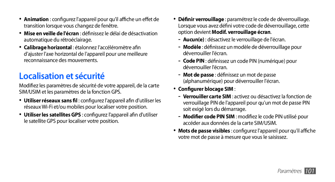 Samsung GT-S5830OKAFTM, GT-S5830RWASFR, GT-S5830OKAXEF, GT-S5830RWAFRE manual Localisation et sécurité, Configurer blocage SIM 