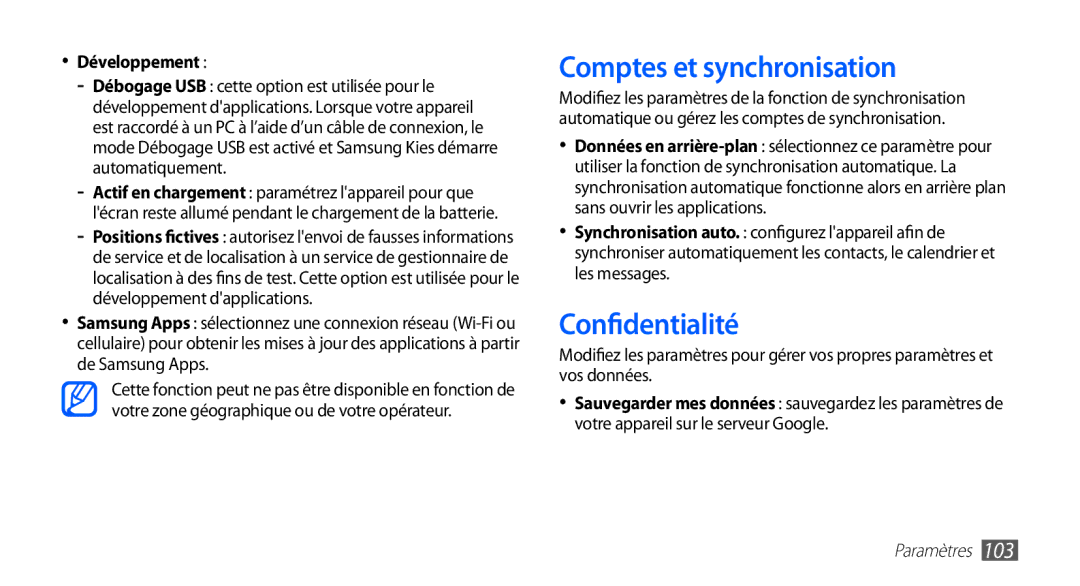 Samsung GT-S5830UWAFTM, GT-S5830RWASFR, GT-S5830OKAXEF manual Comptes et synchronisation, Confidentialité, Développement 