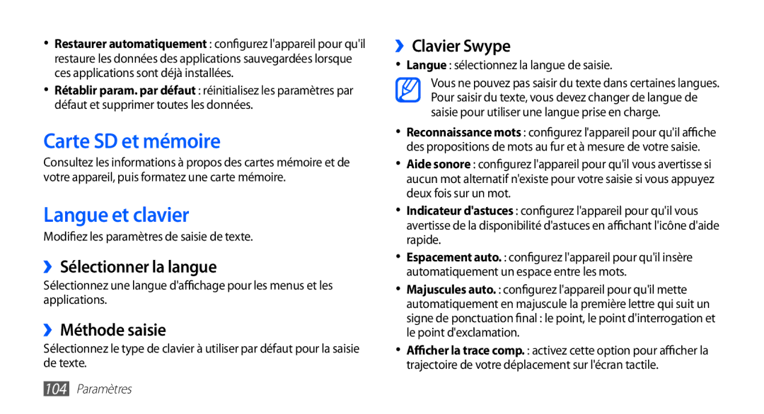 Samsung GT-S5830RWAXEF Carte SD et mémoire, Langue et clavier, ››Sélectionner la langue, ››Méthode saisie, ››Clavier Swype 