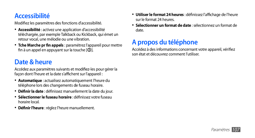 Samsung GT-S5830RWASFR manual Accessibilité, Date & heure, Propos du téléphone, Définir lheure réglez lheure manuellement 