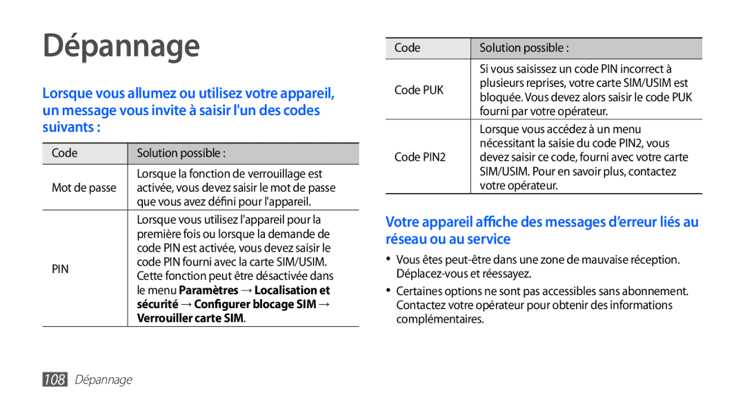 Samsung GT-S5830OKAXEF, GT-S5830RWASFR, GT-S5830RWAFRE, GT-S5830RWAVGF manual Verrouiller carte SIM, 108 Dépannage 