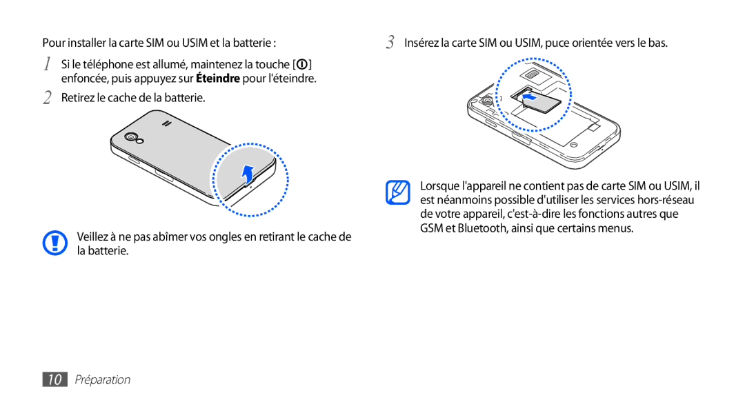 Samsung GT-S5830RWANRJ, GT-S5830RWASFR manual Insérez la carte SIM ou USIM, puce orientée vers le bas, 10 Préparation 