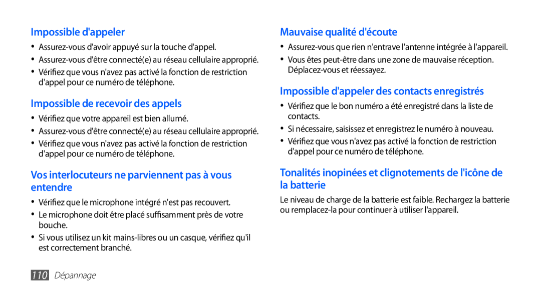 Samsung GT-S5830RWAVGF manual Assurez-vous davoir appuyé sur la touche dappel, Vérifiez que votre appareil est bien allumé 