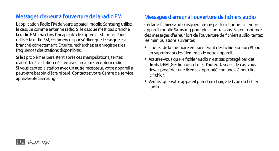 Samsung GT-S5830OKAVGF, GT-S5830RWASFR, GT-S5830OKAXEF manual Messages derreur à louverture de la radio FM, 112 Dépannage 