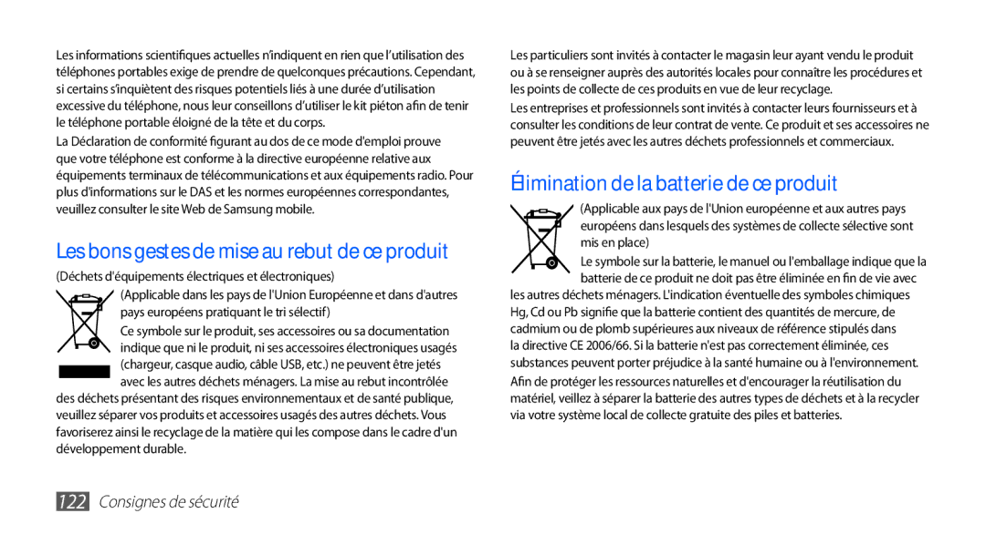 Samsung GT-S5830RWAXEF, GT-S5830RWASFR, GT-S5830OKAXEF, GT-S5830RWAFRE manual Élimination de la batterie de ce produit 