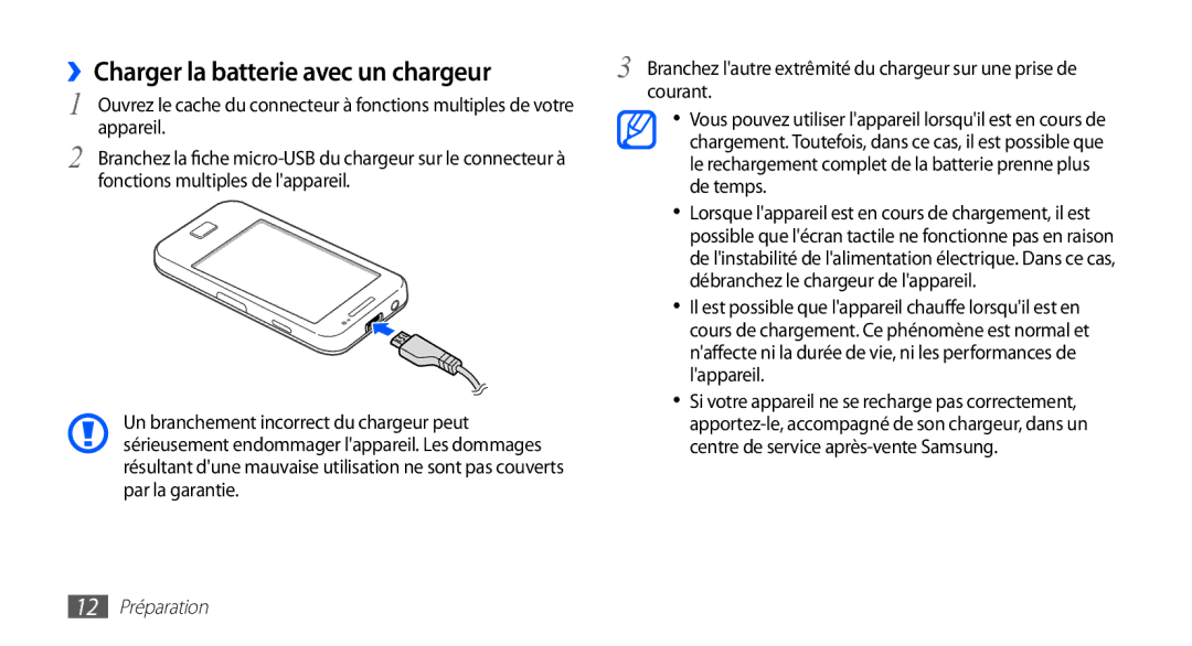 Samsung GT-S5830UWASFR, GT-S5830RWASFR, GT-S5830OKAXEF manual ››Charger la batterie avec un chargeur, 12 Préparation 