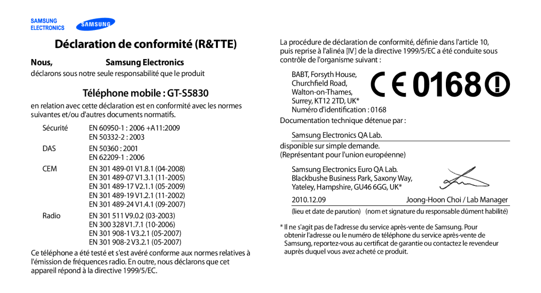 Samsung GT-S5830OKZBOG, GT-S5830RWASFR, GT-S5830OKAXEF, GT-S5830RWAFRE, GT-S5830RWAVGF Déclaration de conformité R&TTE, Nous 