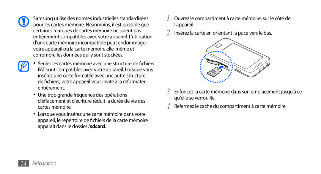 Samsung GT-S5830RWAXEF, GT-S5830RWASFR, GT-S5830OKAXEF, GT-S5830RWAFRE, GT-S5830RWAVGF, GT-S5830OKZBOG manual 14 Préparation 