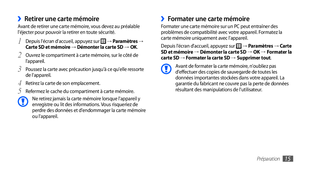 Samsung GT-S5830RWALPM, GT-S5830RWASFR manual ››Retirer une carte mémoire, ››Formater une carte mémoire, De lappareil 