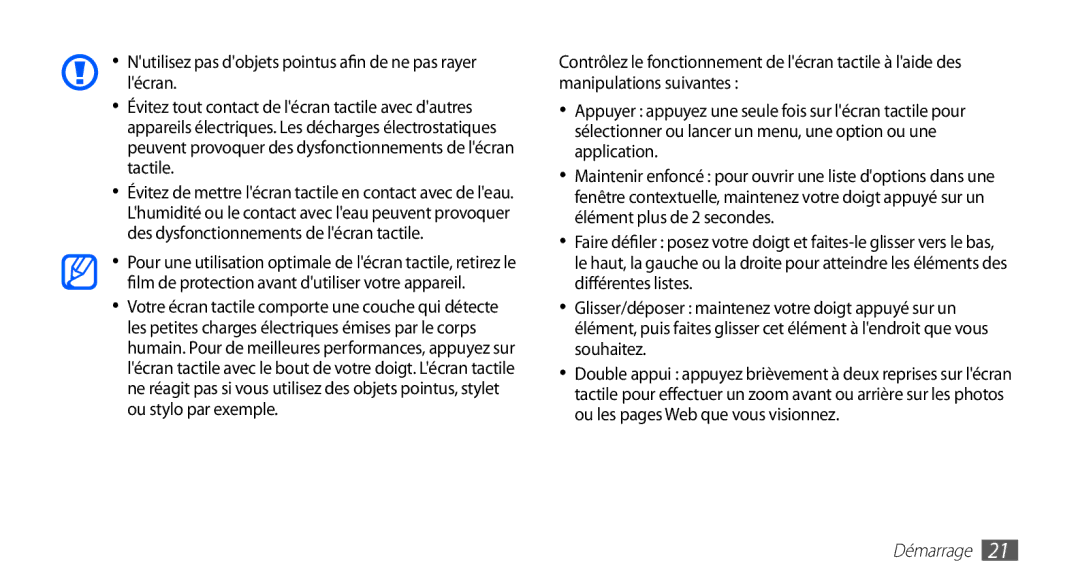 Samsung GT-S5830OKZBOG, GT-S5830RWASFR, GT-S5830OKAXEF, GT-S5830RWAFRE, GT-S5830RWAVGF, GT-S5830OKAVGF manual Démarrage 