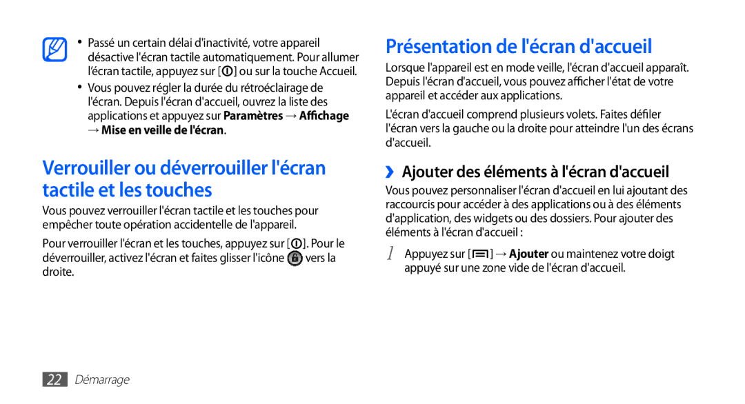 Samsung GT-S5830OKAVGF manual Verrouiller ou déverrouiller lécran tactile et les touches, Présentation de lécran daccueil 