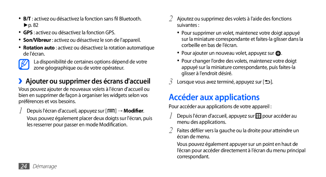 Samsung GT-S5830OKYXEF, GT-S5830RWASFR Accéder aux applications, ››Ajouter ou supprimer des écrans daccueil, 24 Démarrage 