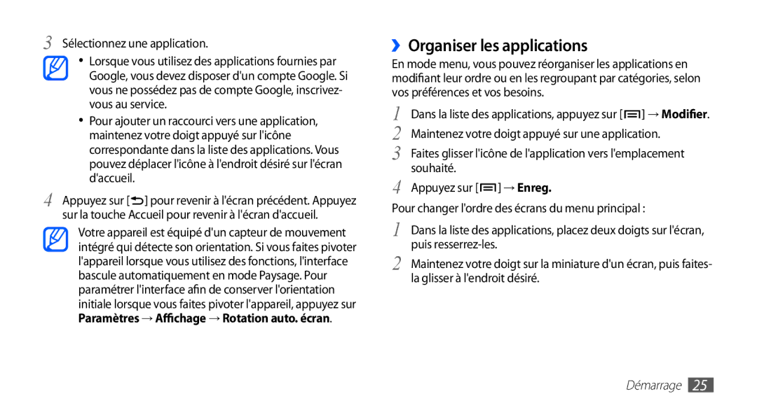 Samsung GT-S5830RWABOG, GT-S5830RWASFR, GT-S5830OKAXEF manual ››Organiser les applications, Sélectionnez une application 