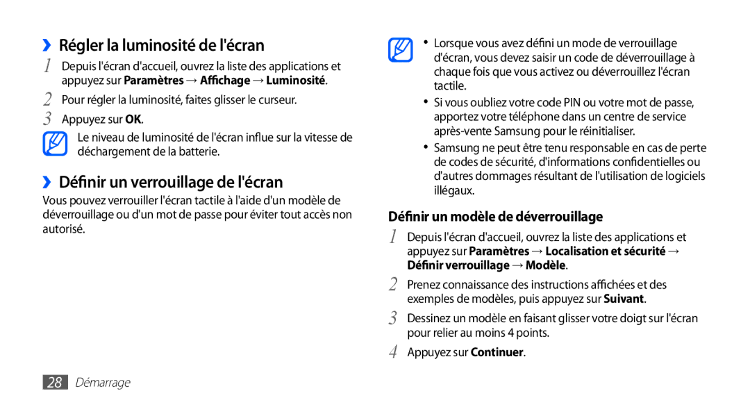 Samsung GT-S5830RWANRJ ››Régler la luminosité de lécran, ››Définir un verrouillage de lécran, Appuyez sur OK, 28 Démarrage 