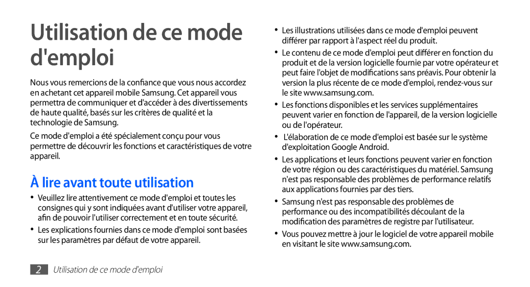 Samsung GT-S5830RWAVGF, GT-S5830RWASFR, GT-S5830OKAXEF manual Utilisation de ce mode demploi, Lire avant toute utilisation 