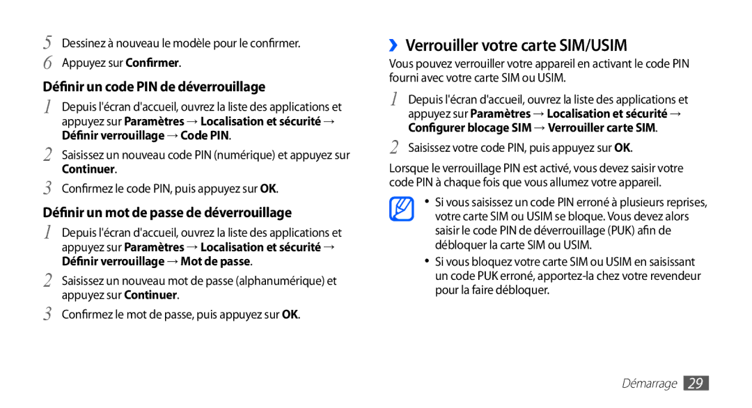 Samsung GT-S5830OKAFTM manual ››Verrouiller votre carte SIM/USIM, Définir un code PIN de déverrouillage, Continuer 