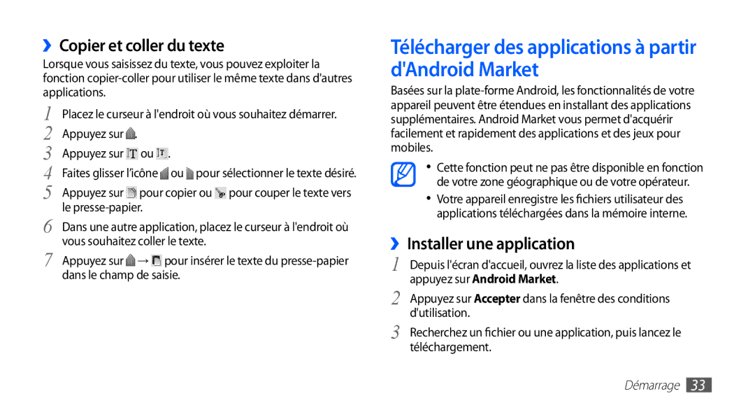 Samsung GT-S5830RWALPM, GT-S5830RWASFR Télécharger des applications à partir dAndroid Market, ››Copier et coller du texte 