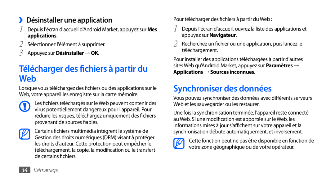 Samsung GT-S5830OKABOG Télécharger des fichiers à partir du Web, Synchroniser des données, ››Désinstaller une application 