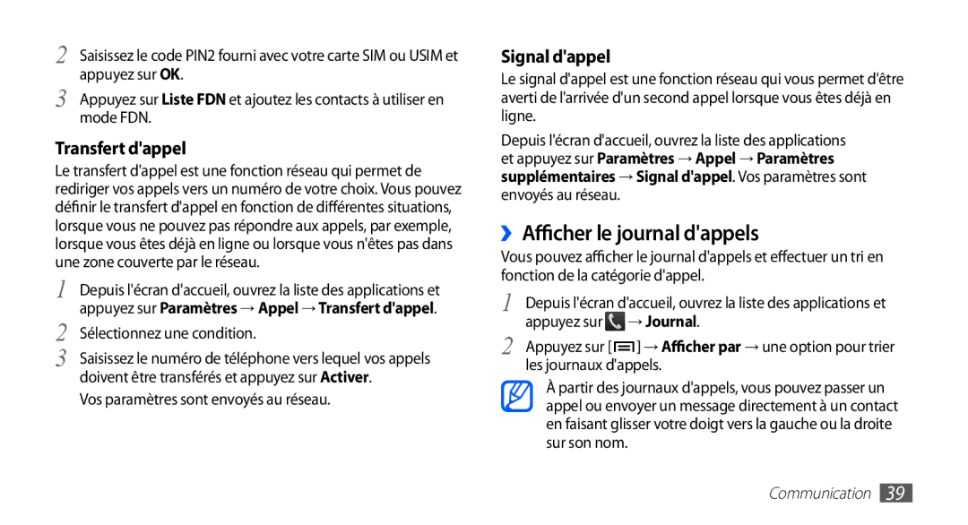 Samsung GT-S5830OKZBOG manual ››Afficher le journal dappels, Transfert dappel, Signal dappel, Sélectionnez une condition 