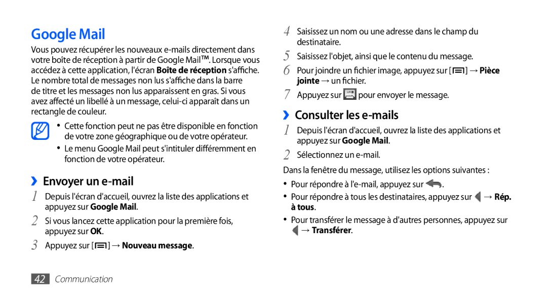 Samsung GT-S5830OKYXEF, GT-S5830RWASFR manual Google Mail, ››Envoyer un e-mail, ››Consulter les e-mails, Tous, → Transférer 