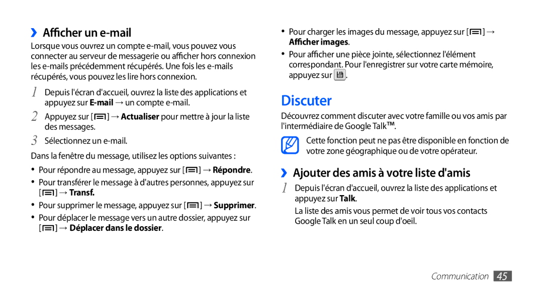 Samsung GT-S5830OKAFRE, GT-S5830RWASFR manual Discuter, ››Afficher un e-mail, ››Ajouter des amis à votre liste damis 