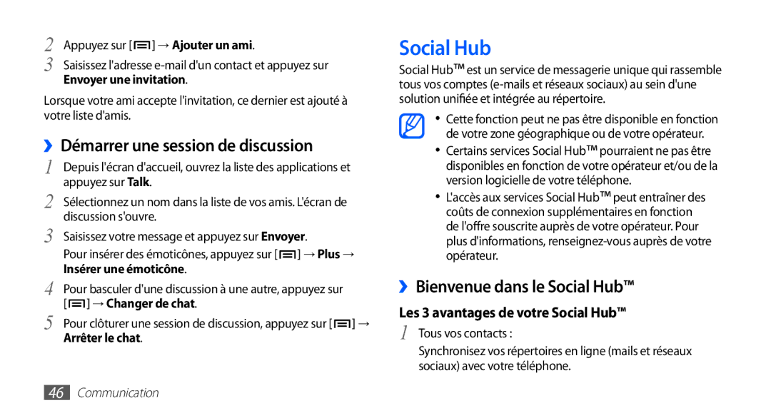 Samsung GT-S5830RWANRJ, GT-S5830RWASFR manual ››Démarrer une session de discussion, ››Bienvenue dans le Social Hub 