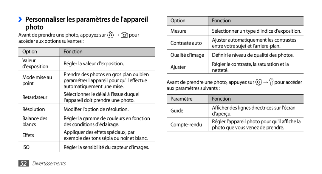 Samsung GT-S5830OKABOG, GT-S5830RWASFR, GT-S5830OKAXEF, GT-S5830RWAFRE ››Personnaliser les paramètres de lappareil photo 