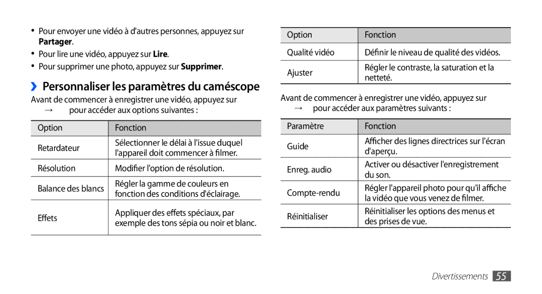 Samsung GT-S5830RWAFRE, GT-S5830RWASFR, GT-S5830OKAXEF, GT-S5830RWAVGF manual ››Personnaliser les paramètres du caméscope 