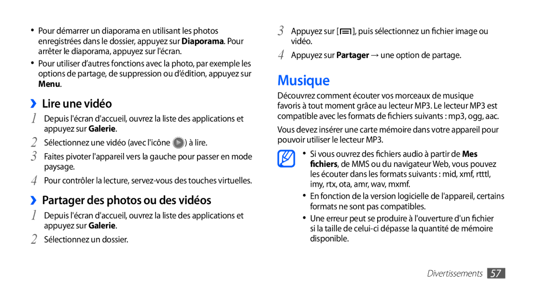 Samsung GT-S5830OKZBOG, GT-S5830RWASFR, GT-S5830OKAXEF manual Musique, ››Lire une vidéo, ››Partager des photos ou des vidéos 