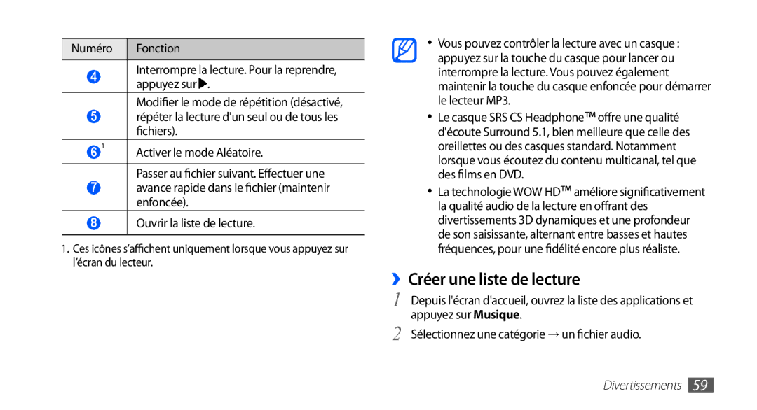 Samsung GT-S5830OKASFR ››Créer une liste de lecture, Appuyez sur Musique, Sélectionnez une catégorie → un fichier audio 