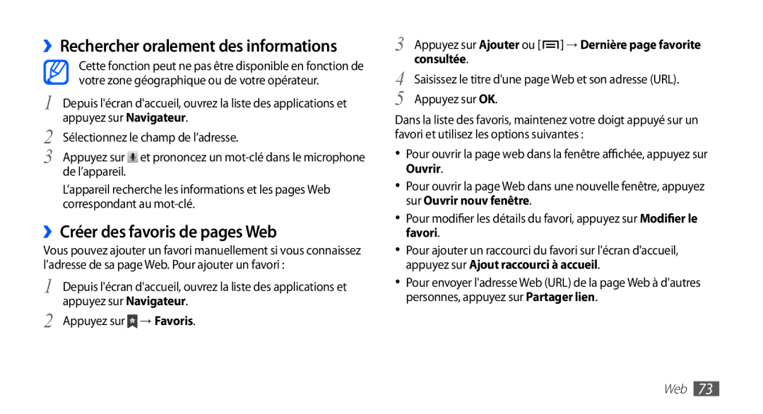 Samsung GT-S5830RWAFRE manual ››Rechercher oralement des informations, ››Créer des favoris de pages Web, Consultée 