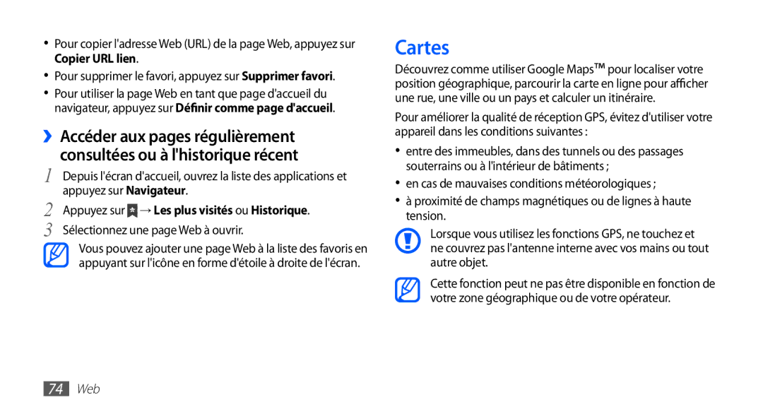 Samsung GT-S5830RWAVGF, GT-S5830RWASFR manual Cartes, Appuyez sur Navigateur, Sélectionnez une page Web à ouvrir, 74 Web 