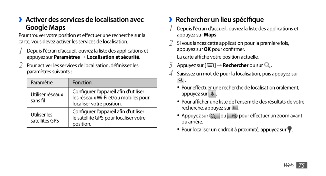 Samsung GT-S5830OKZBOG manual ››Activer des services de localisation avec Google Maps, ››Rechercher un lieu spécifique 