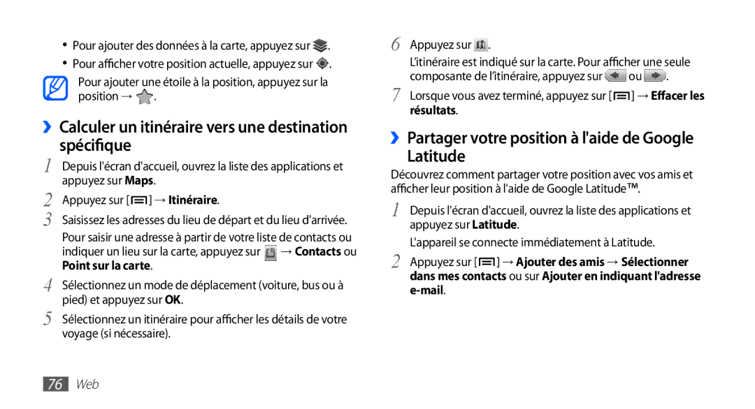 Samsung GT-S5830OKAVGF, GT-S5830RWASFR, GT-S5830OKAXEF ››Calculer un itinéraire vers une destination spécifique, 76 Web 