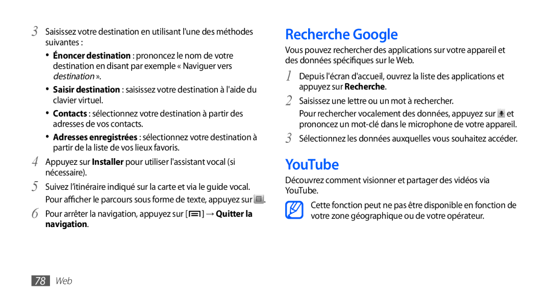 Samsung GT-S5830OKYXEF, GT-S5830RWASFR, GT-S5830OKAXEF, GT-S5830RWAFRE, GT-S5830RWAVGF manual Recherche Google, YouTube, 78 Web 