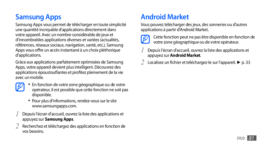 Samsung GT-S5830OKAFRE, GT-S5830RWASFR, GT-S5830OKAXEF, GT-S5830RWAFRE, GT-S5830RWAVGF manual Samsung Apps, Android Market 