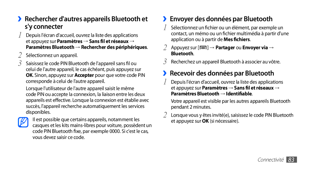 Samsung GT-S5830OKAFTM manual ››Rechercher dautres appareils Bluetooth et sy connecter, ››Envoyer des données par Bluetooth 