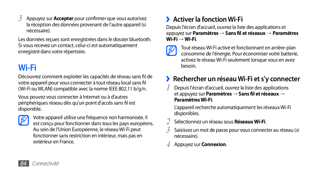 Samsung GT-S5830UWASFR, GT-S5830RWASFR, GT-S5830OKAXEF, GT-S5830RWAFRE, GT-S5830RWAVGF manual ››Activer la fonction Wi-Fi 