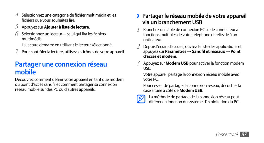 Samsung GT-S5830RWALPM, GT-S5830RWASFR, GT-S5830OKAXEF, GT-S5830RWAFRE, GT-S5830RWAVGF Partager une connexion réseau mobile 