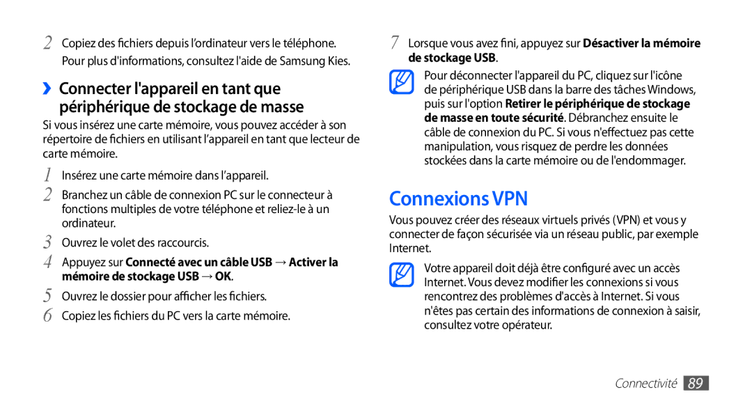 Samsung GT-S5830RWASFR, GT-S5830OKAXEF, GT-S5830RWAFRE manual Connexions VPN, Mémoire de stockage USB → OK, De stockage USB 