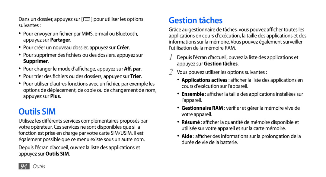 Samsung GT-S5830OKAVGF, GT-S5830RWASFR, GT-S5830OKAXEF, GT-S5830RWAFRE, GT-S5830RWAVGF manual Outils SIM, Gestion tâches 