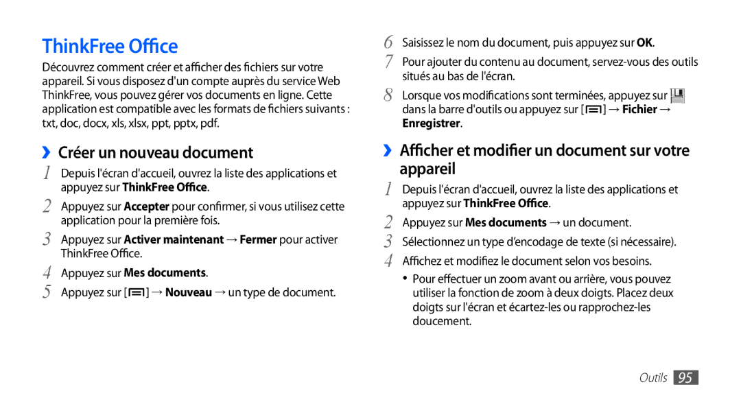 Samsung GT-S5830OKASFR, GT-S5830RWASFR, GT-S5830OKAXEF, GT-S5830RWAFRE manual ThinkFree Office, ››Créer un nouveau document 