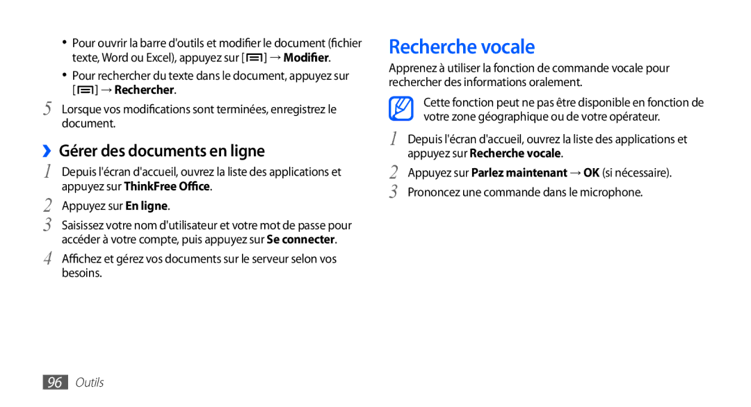 Samsung GT-S5830OKYXEF, GT-S5830RWASFR, GT-S5830OKAXEF, GT-S5830RWAFRE manual Recherche vocale, ››Gérer des documents en ligne 