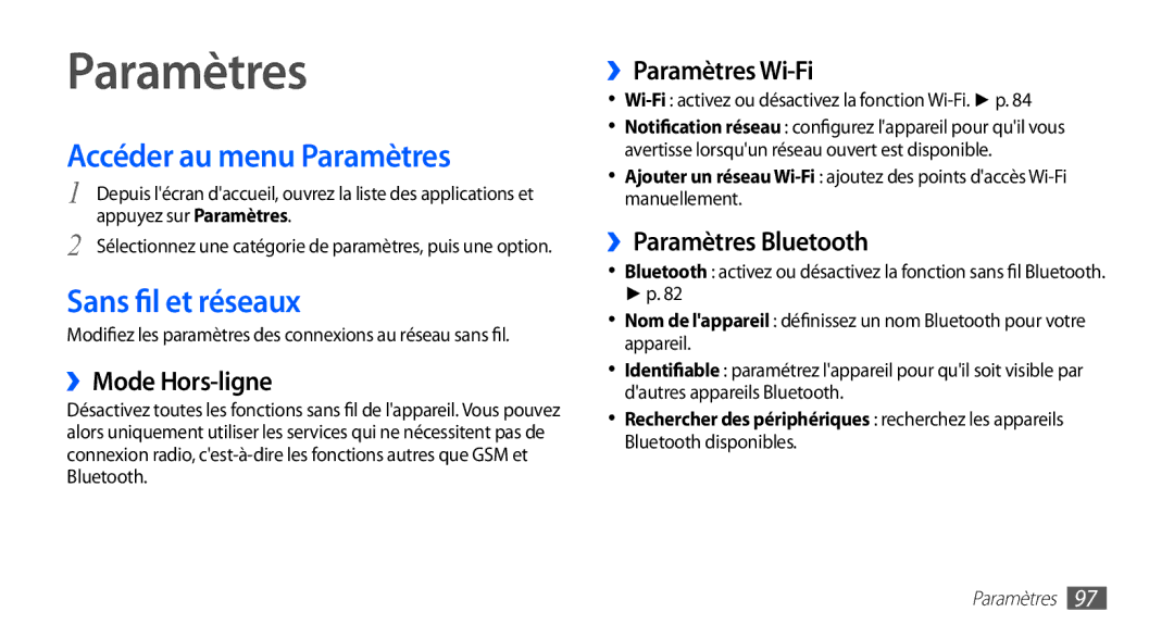 Samsung GT-S5830RWABOG, GT-S5830RWASFR, GT-S5830OKAXEF, GT-S5830RWAFRE Accéder au menu Paramètres, Sans fil et réseaux 