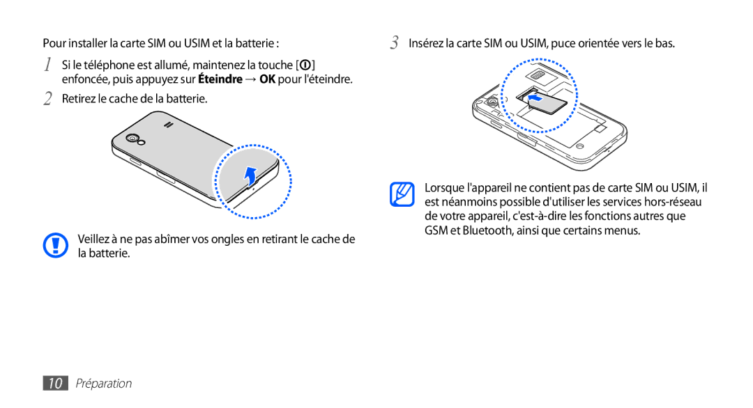 Samsung GT-S5830OKAFRE, GT-S5830RWASFR manual Insérez la carte SIM ou USIM, puce orientée vers le bas, 10 Préparation 